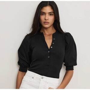 Veronica Beard Jeans Coralee Black Pima Cotton Puff Sleeve Henley Top XL $198